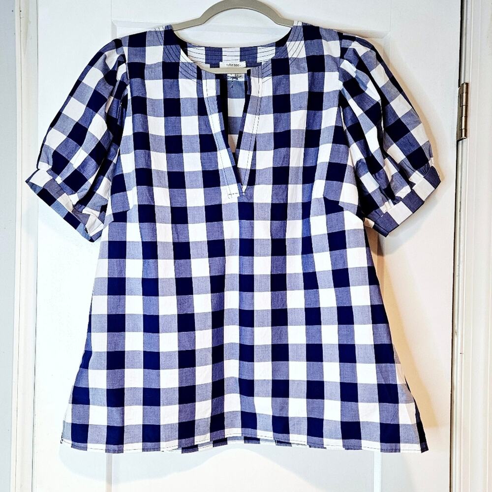 Tyler Boe Blue White Gingham Puff Sleeve Tunic Top Preppy Coastal - Picture 1 of 5